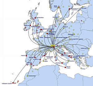 La cartina che rappresenta la base Ryanair secondo FlyTorino