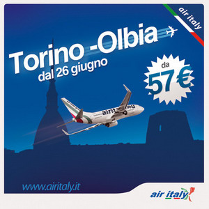 Il banner che pubblicizza la nuova rotta Torino-Olbia di Air Italy che partirà il prossimo 26 giugno