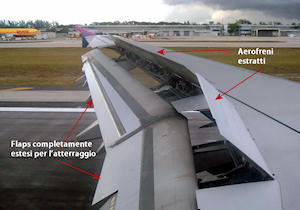 Flaps e aerofreni completamente estesi subito dopo l’atterraggio di un Airbus 321 © Wikipedia