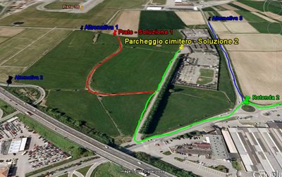 Cartina che indica l’ubicazione delle tre alternative proposte nell’articolo nei pressi del cimitero di Caselle